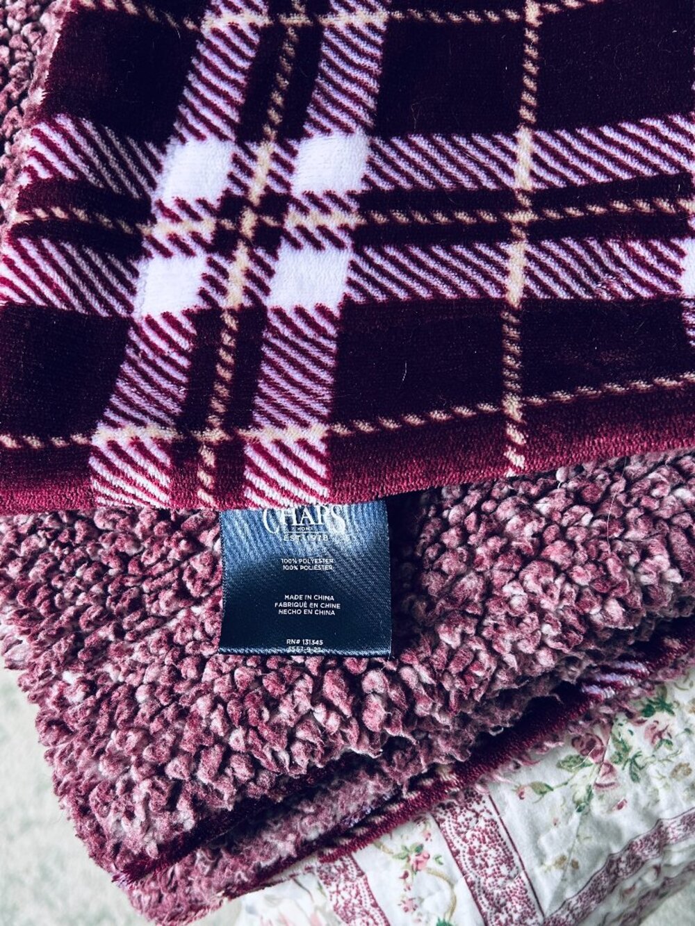Chaps Burgundy Sherpa Check Throw Blanket 88x60
